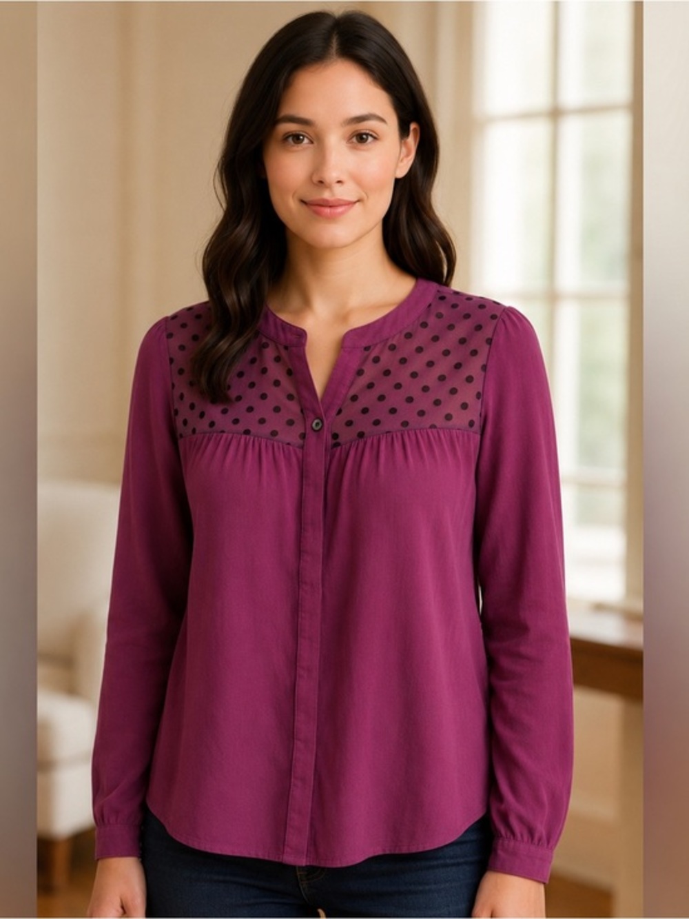 Boden Magenta Swiss Dot Flocked Polka Dot Yoke Blouse Top EUC US 6 #1361